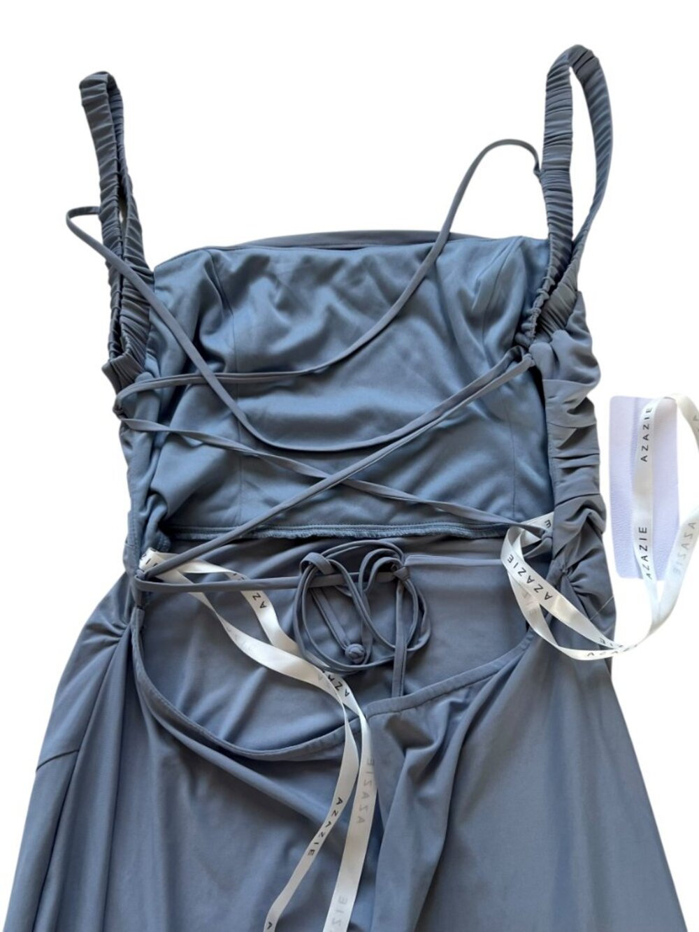 Azazie Nikki dress Dusty Blue Sheath Corset Luxe Knit sleeveless size A14 maxi - Picture 4 of 6